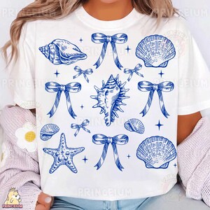 Diseño de sublimación de concha azul y lazo, archivo digital de estética náutica, estrella de mar costera PNG, arte vintage de camiseta oceánica, clipart de playa PNG