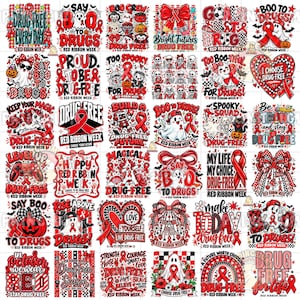 May include: A collection of thirty-five digital graphic designs featuring red ribbons, ghosts, pumpkins, and text related to Red Ribbon Week and drug-free awareness, utilizing a color palette of red, black, white, and gray throughout.