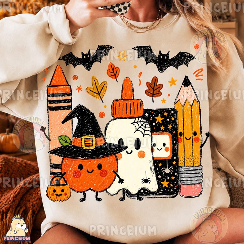 Op de afbeelding: Een beige sweatshirt met een kleurrijke afbeelding van een krijtje, een lijmfles, een potlood, een pompoen met een heksenhoed en een spook. Het ontwerp bevat zwarte vleermuizen, oranje en bruine bladeren en kleine sterretjes op de stof.