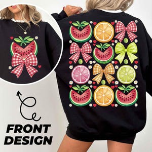 Diseño de sublimación de lazo de sandía y cítricos, archivo digital de frutas coloridas, camisa de verano con lazo de cuadros vichy PNG, lindo arte de sandía y limón