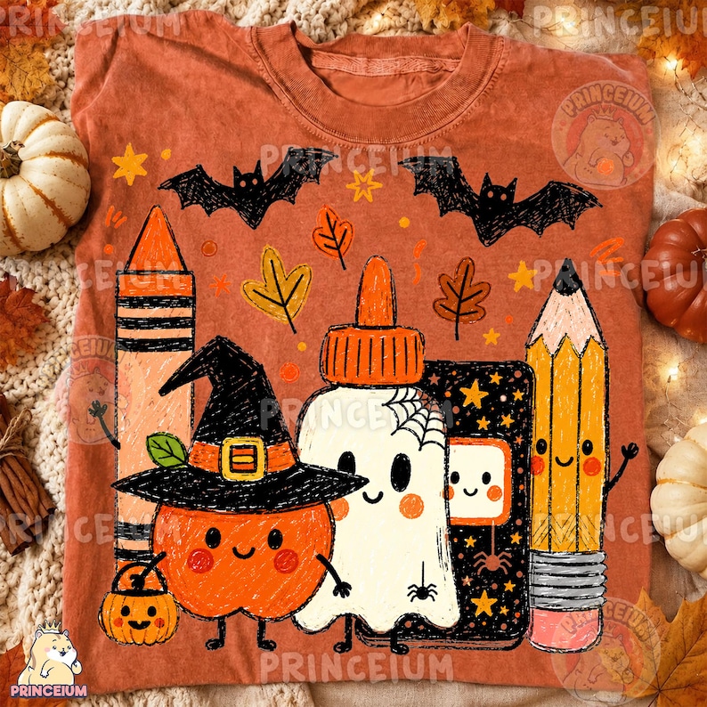 Op de afbeelding: Een oranje t-shirt met een grafische print van een lachende pompoen met een heksenhoed, een spook, een kleurpotlood, een potlood en een notitieboek. Het ontwerp bevat zwarte vleermuizen, oranje bladeren en sterren, en een kleine pompoenemmer.