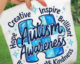 Autism Awareness PNG, Blue Puzzle Piece Hope Inspire, Hand Painted Brushstroke Letters, Clipart