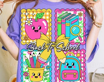Back to School PNG, Cute Kawaii Teacher Sublimation Design, Colorful Apple Books Pencil Backpack Clipart, School Shirt Digital File