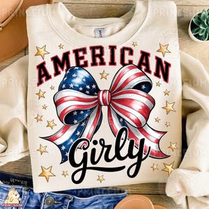 American Girly Sublimation, Patriotic Bow PNG, 4th of July Digital File, USA Flag Aesthetic Shirt Design, Independence Day Sublimation