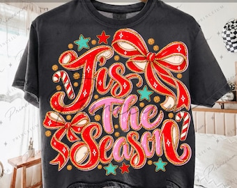 Tis The Season Png, Preppy Christmas Png, Pink And Red Coquette Bows, Glitter Script Lettering, Candy Cane Holiday Sublimation