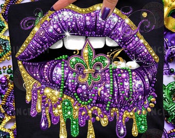 Faux Rhinestone Sparkling Mardi Gras Lips PNG, Dripping Fleur de Lis Mouth Art, Purple Green Gold Bling Carnival Clipart