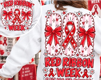 Red Ribbon Week Png, Coquette Bow Awareness Png, Say No To Drugs, Preppy Pink Stripes, Front and Back Sublimation Design