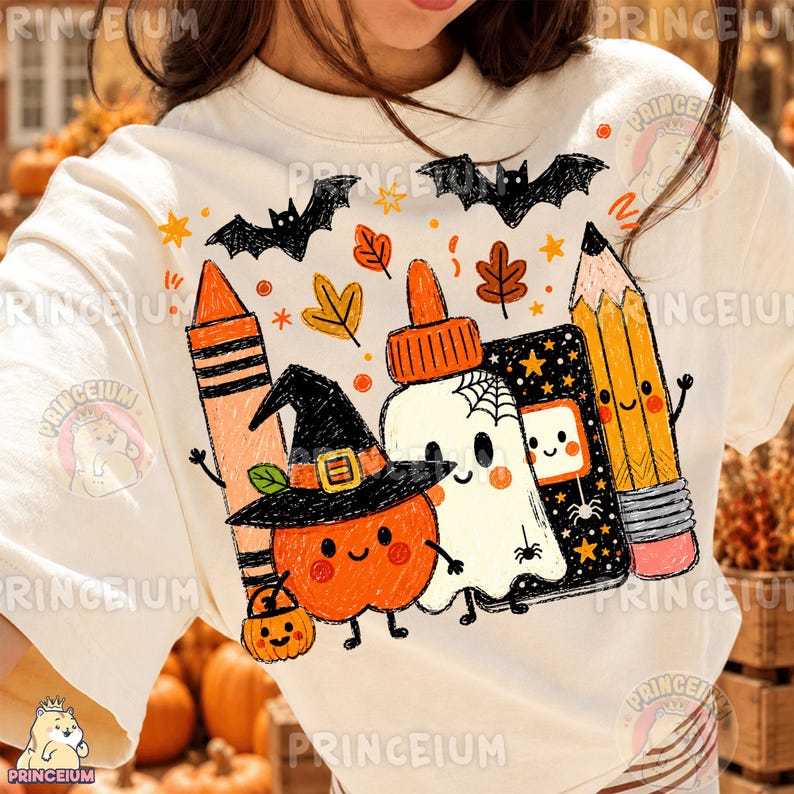 Op de afbeelding: Een cr&egrave;mekleurig t-shirt met een grafische print van een lachende oranje pompoen met een heksenhoed, een wit spookje met een spinnenweb, een geel potlood, een oranje krijtje en een zwart notitieboek, omringd door zwarte vleermuizen en herfstbladeren.