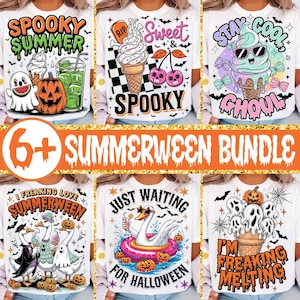 Könnte beinhalten: Eine Auswahl weißer T-Shirts mit Halloween-Motiven. Die Designs zeigen Eistüten, Geister, Kürbisse und Texte wie "Spooky Summer" und "Summerween Bundle". Die Shirts haben leuchtende Farben und verspielte Illustrationen.
