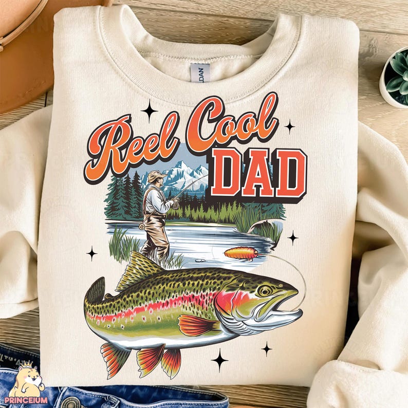 May include: Cream-colored sweatshirt with a graphic that reads "Reel Cool DAD" in orange and red. The graphic features a fisherman, a lake, mountains, and a large trout. The design is a vintage style.