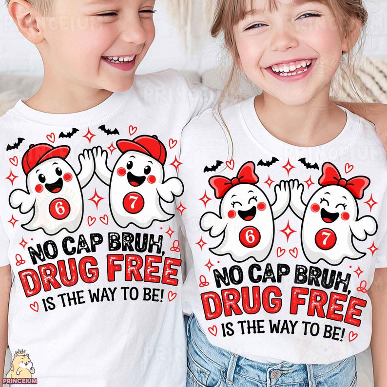 May include: Two white t-shirts featuring a graphic of two ghosts with red caps or bows, each displaying the numbers 6 and 7. The text reads NO CAP BRUH, DRUG FREE IS THE WAY TO BE! The design includes small red hearts, stars, and black bats.