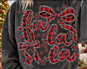 Fa La La Christmas Png, Buffalo Plaid Bows, Faux Embroidery Applique, Red Black Checkered Lettering, Distressed Holiday Sublimation