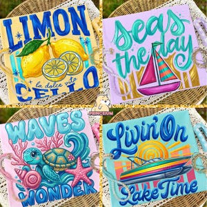 May include: Four square paintings with summer themes. One features lemons and the text "LIMON" and "la dolce vita". Another shows a sailboat and the text "Seas the day". A third depicts a sea turtle and the text "WAVES WONDER". The last one shows a boat and the text "Livin' On Lake Time".
