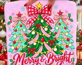 Merry And Bright Png, Preppy Christmas Trees Png, Coquette Gingham Bows, Pink Christmas Tree Trio, Retro Holiday Sublimation Download