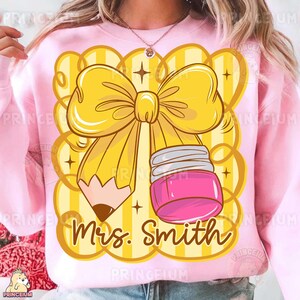 Coquette Teacher PNG – Personalized Back to School Sublimation, Girly Pencil & Jar Design, Custom Name Teacher Shirt Digital Download image 2