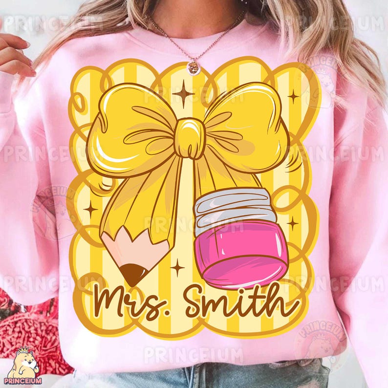 Coquette Teacher PNG – Personalized Back to School Sublimation, Girly Pencil & Jar Design, Custom Name Teacher Shirt Digital Download image 2
