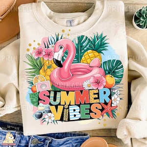 Design de sublimação Summer Vibes, Praia tropical PNG, Arquivo digital de flutuação de flamingo, Clipart de férias, Estética de abacaxi, Impressão divertida de verão