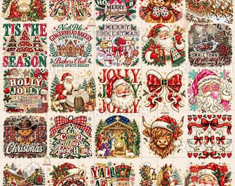 May include: A digital collage of twenty-five Christmas-themed illustrations featuring Santa Claus, nativity scenes, Highland cows, gingerbread figures, nutcrackers, reindeer, and festive bows with text including Merry Christmas and Tis the Season.