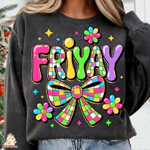 Friyay-sublimatieontwerp, kleurrijk geruite strik digitaal bestand, Happy Friday png, retro bloem clipart, leuk leraar- of studentshirt png