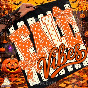 Imágenes PNG con ambiente otoñal, diseño de lunares con lazo coqueto naranja para otoño, descarga digital PNG para camisetas de sublimación de otoño