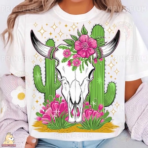 Floral cactus schedel PNG, sublimatie ontwerp Boho koe schedel, bloemen clipart digitale download Western Desert shirt kunst, Western Skull png