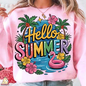 Bonjour l'été sublimation design, fichier numérique tropical flamant rose, plage colorée PNG, art de la chemise de vacances amusantes, clipart fleur de palmier