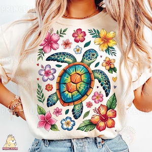 Schildkröte und Hibiskus Blume Sublimationsdesign, Tropische Meeresschildkröte Digitale Datei, Strand Vibes PNG, Sommer Blumen T-Shirt Design