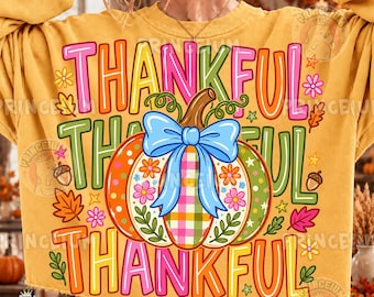 Thankful Pumpkin Png, Preppy Thanksgiving Png, Coquette Blue Bow, Floral Checkered Pumpkin, Cute Fall Design, Autumn Sublimation