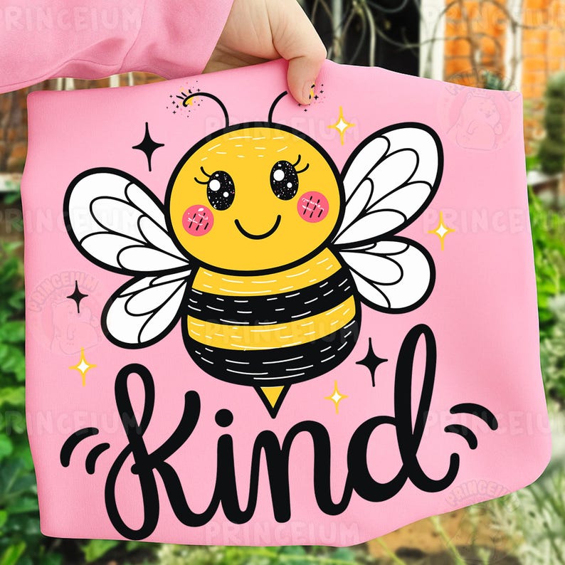 May include: Pink fabric with a cartoon bee illustration. The bee is yellow and black with white wings, rosy cheeks, and a smiling face. The word "Kind" is written in black script below the bee, with star accents.