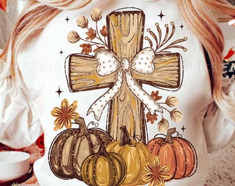 Fall Cross PNG, Rustic Christian Sublimation Design with Pumpkins and Bow, Autumn Faith Clipart, Thanksgiving Digital Download