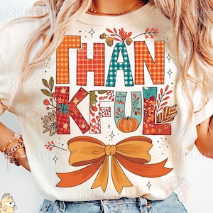 Agradecido PNG Outono Sublimação Design Ação de Graças Outono Camisa Clipart Retro Abóbora Laço Digital Download Bonito Outono PNG
