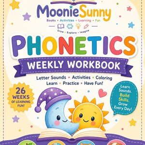 Könnte beinhalten: Ein Kinder-Phonik-Arbeitsbuch mit dem Titel "Moonie Sunny Phonetics Weekly Workbook" für Kinder im Alter von 3-6 Jahren. Das Cover zeigt einen Cartoon-Mond und eine Sonne mit farbenfrohem Text und Illustrationen.