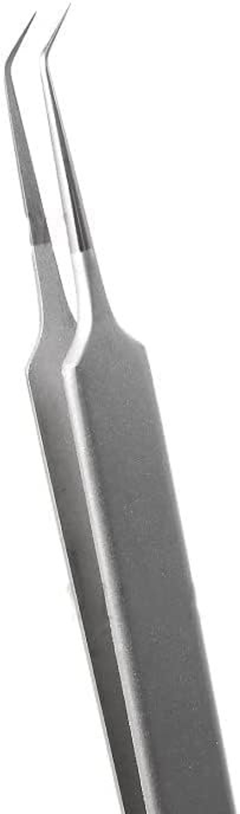 May include: A pair of silver-toned tweezers with slanted tips. The tweezers are designed for precision work, such as applying false eyelashes or removing splinters.