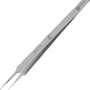 May include: Silver-toned tweezers with a slightly bent tip. The tweezers are labelled "BST-18" and "BE BEST".