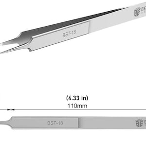 May include: A pair of silver-coloured tweezers with a pointed tip. The tweezers are labelled "BST-18" and measure 110mm in length and 9mm in width.