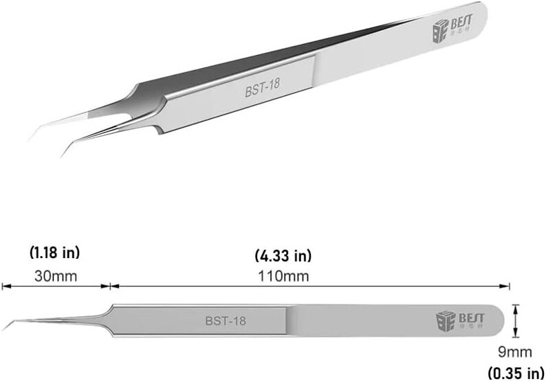 May include: A pair of silver-coloured tweezers with a pointed tip. The tweezers are labelled "BST-18" and measure 110mm in length and 9mm in width.