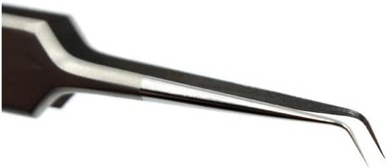 May include: A pair of stainless steel tweezers with a curved tip. The tweezers are designed for precision work and have a smooth, polished finish.