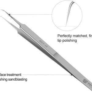 May include: Silver tweezers with a fine, pointed tip. The tweezers are labelled "BST-18" and have a surface treatment of polishing sandblasting. The tip is perfectly matched and polished.