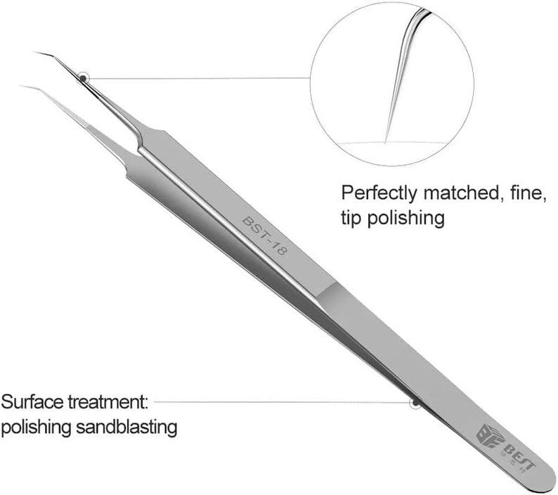 May include: Silver tweezers with a fine, pointed tip. The tweezers are labelled "BST-18" and have a surface treatment of polishing sandblasting. The tip is perfectly matched and polished.