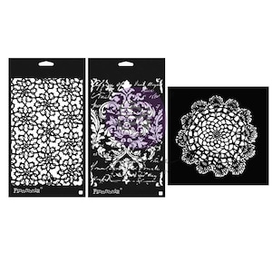 May include: Three black stencils for crafting. The stencils feature intricate designs of lace, floral patterns, and a damask design with text. The stencils are made by Finnabair.
