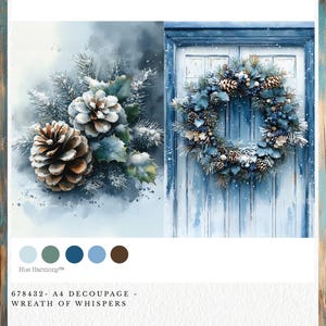 May include: Watercolor illustration featuring a winter theme. The image shows a close-up of a pine cone and a sprig of holly, and a blue door with a wreath made of pine cones and berries. The text at the bottom reads "Wreath of Whispers".