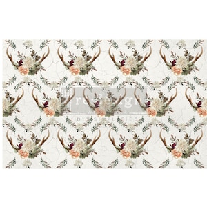 May include: A seamless pattern featuring white antlers, floral bouquets, and greenery on a white background with a crackled texture.