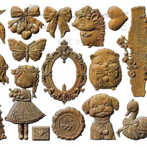 Puede incluir: Una colección de adornos decorativos en tonos marrones. El surtido incluye lazos, cerezas, una mariposa, un globo aerostático, una niña, un perro, un erizo, un corazón, un marco, una pila de libros, un pato y un adorno floral.