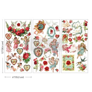 May include: Three sheets of decorative transfers featuring vintage-style cherubs, roses, hearts, and doves. Each sheet is 12 inches (30.4 cm) tall and 6 inches (15.2 cm) wide. The transfers include a clock, an envelope, and the text "THE ROSE WITHOUT THORNS."