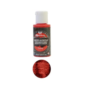 May include: A small bottle of Art Alchemy Liquid Acrylic paint in the color Coral, featuring a white cap and a dark label with metallic gear-like accents. Below the bottle is a circular swatch of the vibrant, shimmering coral-red paint.