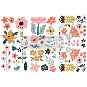 Petit transfert décoratif fleurs Doodle | Floral abstrait | Q321 | Offre limitée | 3 feuilles de 6 x 12 po. | Redesign avec Prima