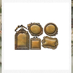 May include: A collection of ornate mini decor molds in various shapes, including oval, rectangular, and irregular frames. The molds are in a bronze color with intricate detailing, perfect for crafting projects. The text "DECOR MOULDS®" is at the top.