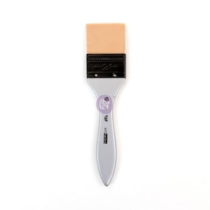 May include: A flat, 2-inch wide art brush with a light tan brush head and a silver handle. The brush head is rectangular and attached to a black ferrule. The handle is silver with the words "art basics" printed on it.