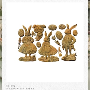 Może przedstawiać: Kolekcja dekoracyjnych form z szczegółowymi figurkami królików w różnych pozach, wraz z kwiatowymi i jajowatymi akcentami. Formy są w rustykalnym, zwietrzałym brązowym kolorze, idealne do projektów rzemieślniczych. Tekst "DECOR MOULDS®" znajduje się na górze.