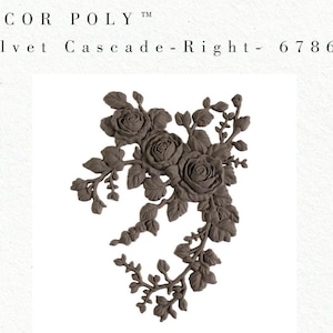May include: A dark brown floral decorative element featuring roses and leaves. The piece is labelled "Velvet Cascade-Right- 678678" and is from "Decor Poly". The design includes detailed, three-dimensional roses and foliage, ideal for home decor.